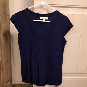 Coldwater Creek Navy V-Neck Pintuck Cap-Sleeve Top